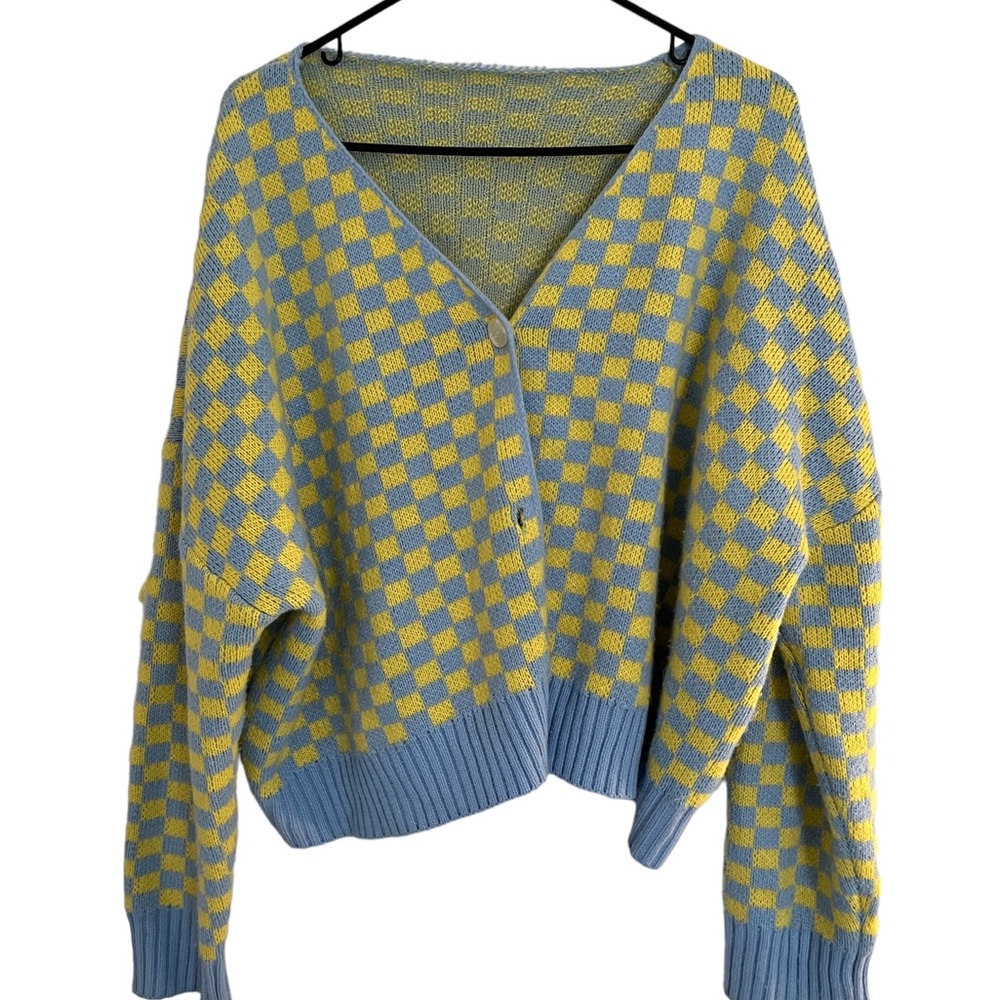 Oversized Yellow and Blue Checkered Cardigan OS